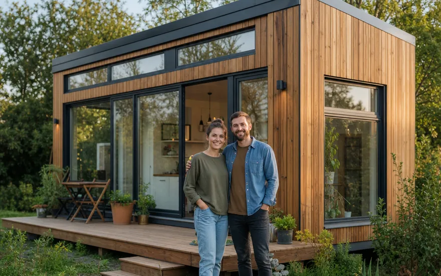 Micro house & tiny house: small-scale living in the green Micro house with a timber façade and large windows in the garden – tiny house as a small prefabricated house for couples and singles