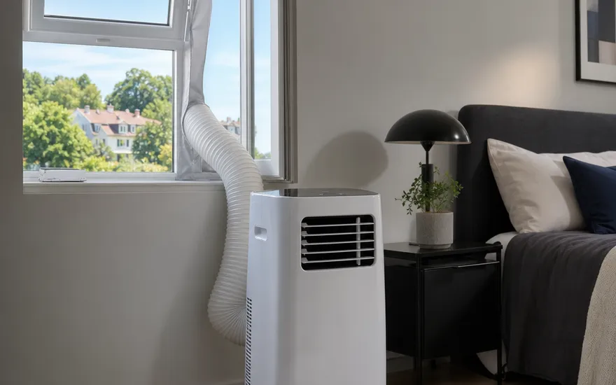 Portable air conditioner with an exhaust hose and window seal Portable air conditioner with an exhaust hose and window seal in the bedroom – monobloc air conditioner for rented flats