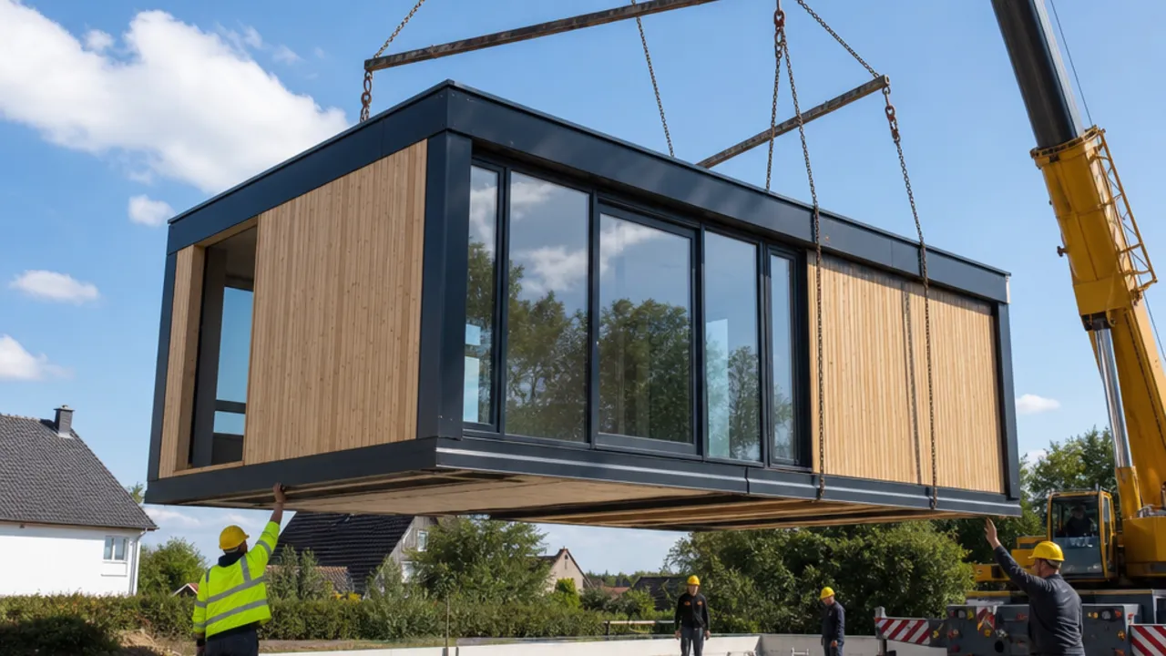 Modular-house assembly by crane in one day Modular-house assembly: crane lifting a finished living module onto the foundation slab – modular-house prices and build time 2026