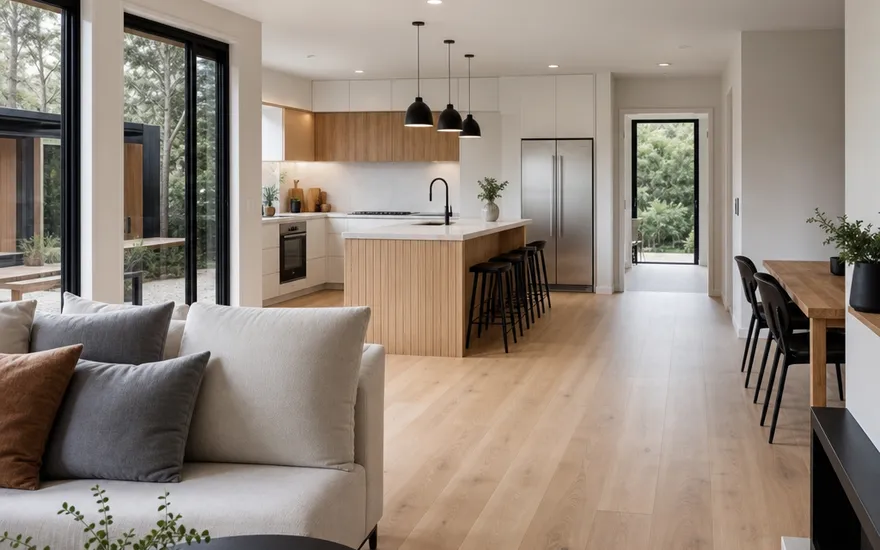 Modular house inside: ready to live in from the factory Modular house from the inside: bright open living space with a kitchen and large windows – ready to live in from the factory