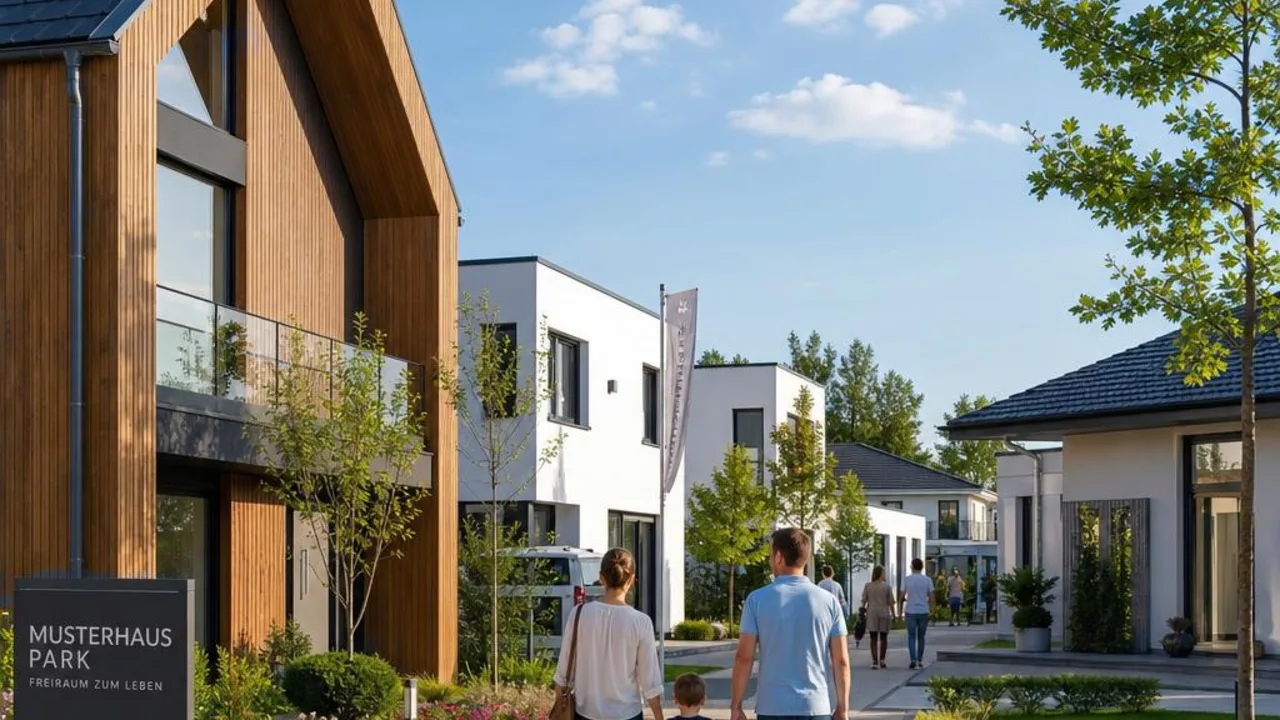 Show home park with modern show homes to visit: prefabricated house with timber facade, town villa and bungalow along a visitor path in sunshine