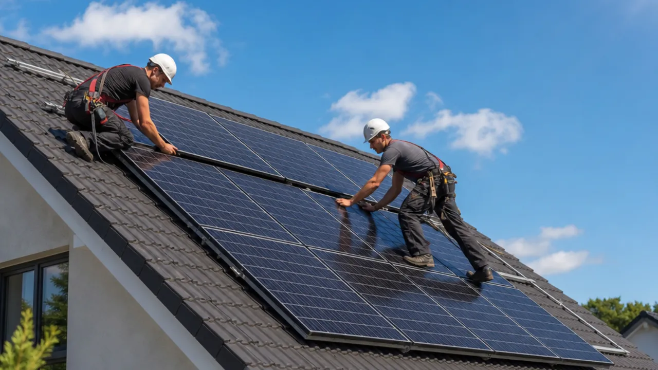 Photovoltaic installation by a specialist firm in 2026 Specialists installing photovoltaic modules on the roof of a detached house — solar system installation by a specialist firm in 2026