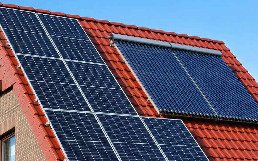 Photovoltaics and solar thermal together on one roof Photovoltaic modules and solar thermal collectors together on a tiled roof — electricity and heat from solar energy