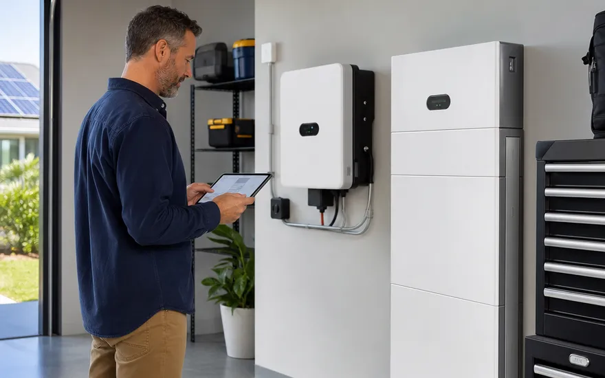 Photovoltaics with battery storage in your own home PV system with storage: battery storage and inverter in the utility room while a homeowner checks the solar yield via app