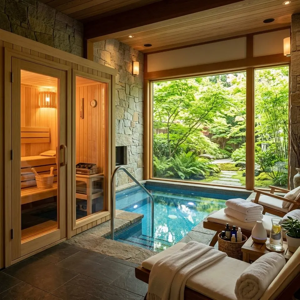 Sauna & spa in the prefabricated house: private wellness area with a garden view Private spa area with a wooden sauna and a small indoor pool, large glazed front to the garden – sauna and spa in the prefabricated house