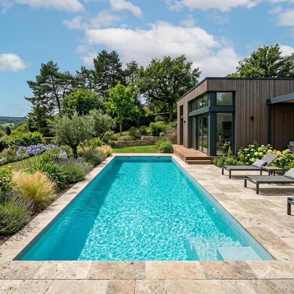Swimming pool in the garden: GRP pool next to the prefabricated house Rectangular GRP swimming pool with clear water and stone surround next to a modern timber prefabricated house – swimming pool in the garden