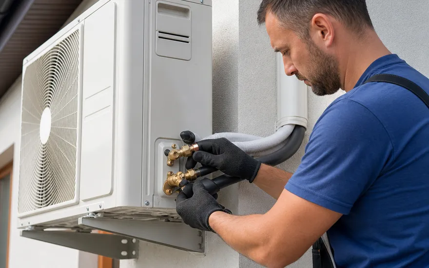 Installation of the air conditioner's outdoor unit by a specialist firm Refrigeration technician connects refrigerant lines to the outdoor unit of a split air conditioner on the house façade