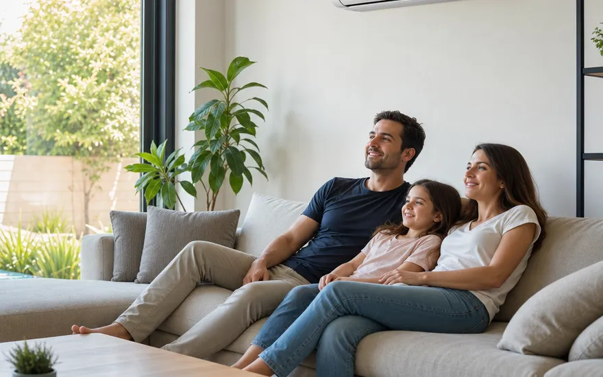 Split air conditioner in the living room Split air conditioner in the living room: family relaxes at pleasant temperatures despite the summer heat