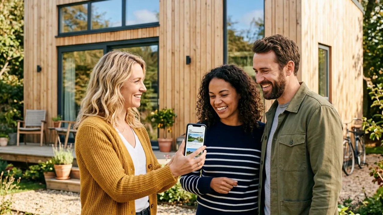 A referrer recommending the prefab house portal to a couple via smartphone — earning referrer commission through personal recommendation