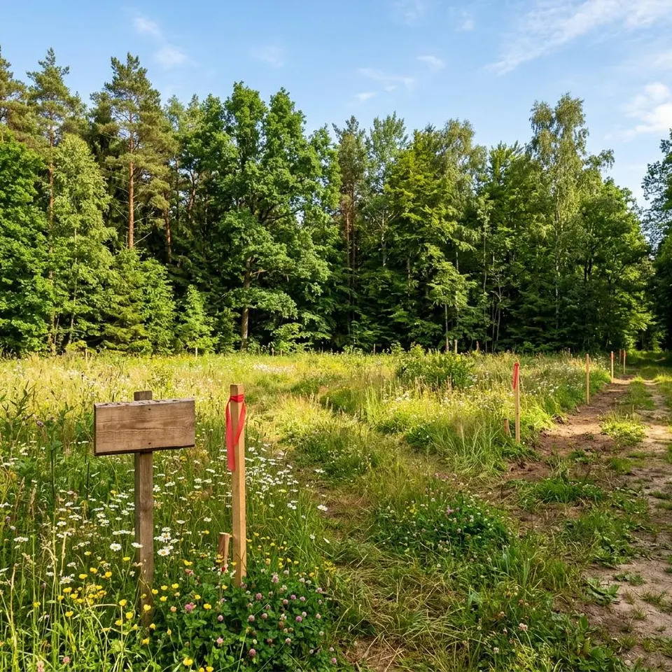 Forest plot with building rights: building plot at the forest edge before development Sunny building plot at the forest edge with survey stakes in front of tall mixed forest – building on a forest plot with building rights