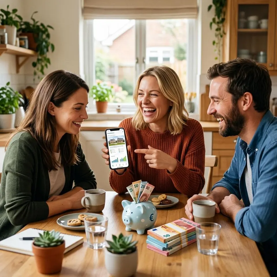 Recommend and earn a reward with Prefabricated House Woman recommends the prefabricated house portal to friends by smartphone and receives a cash reward for the referral